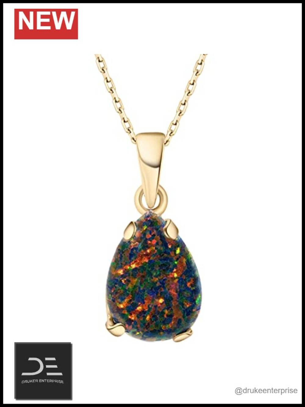 14K Gold Plated Silver Black Opal Pendant Necklace 7x10mm 45cm Cable Chain